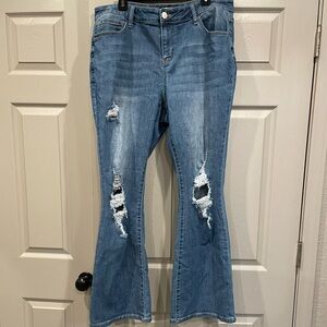 High Rise, Distressed Blue Flare Jeans